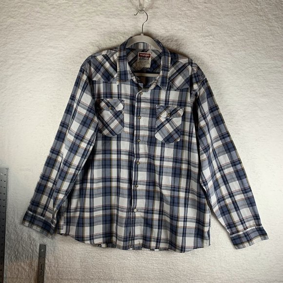 Wrangler Shirt Men's 2XL Blue/White Plaid‎ Long Sleeve Pearl Snap Button 7368 - Picture 1 of 7